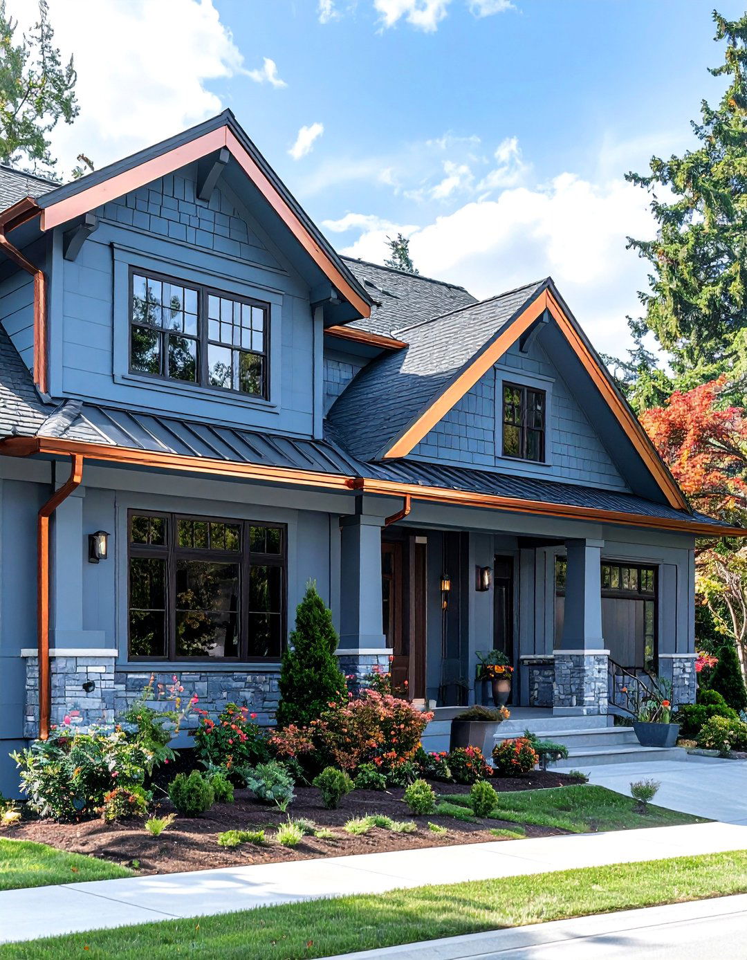 Aegean Blue with Copper Gutters - 30 Blue Exterior House Paint Ideas for Curb Appeal