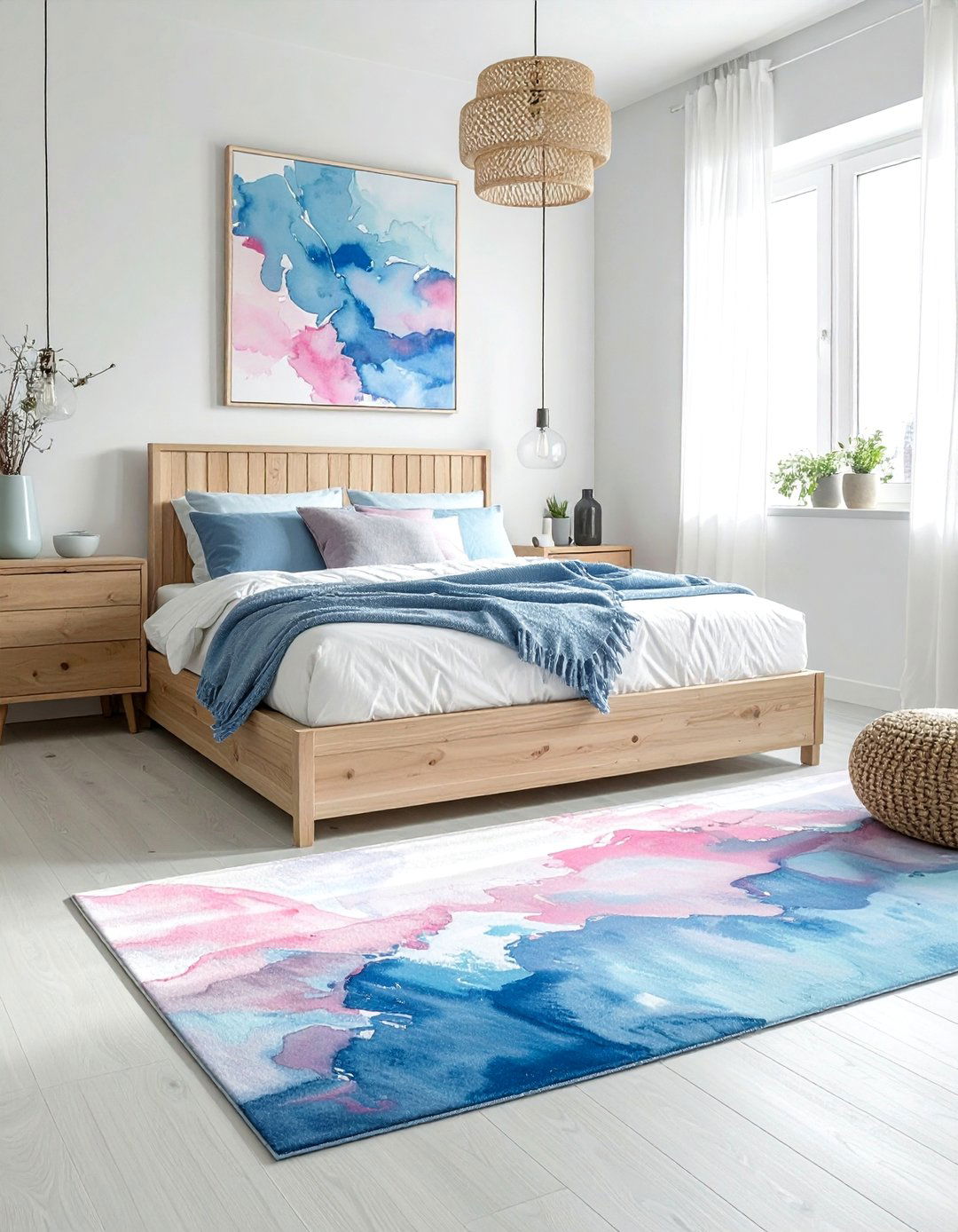 An Abstract Watercolor Bedroom Rug - 30 Bedroom Rug Ideas to Transform Your Space