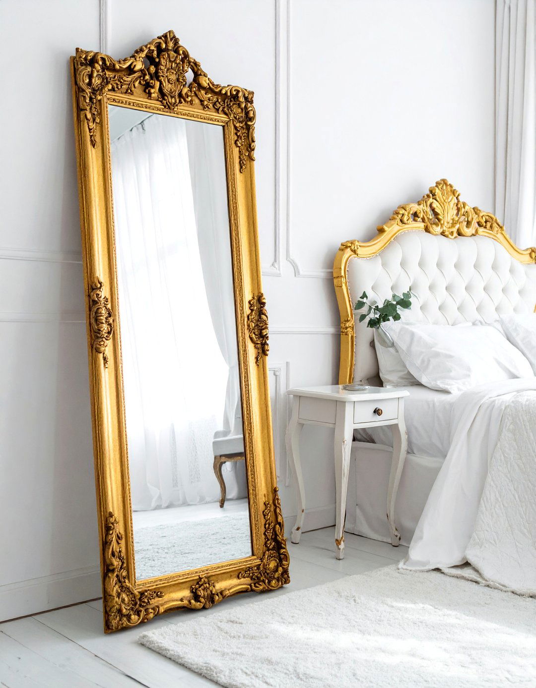 An Antique Gold Ornate Floor Mirror - 25 White and Gold Bedroom Ideas for a Luxurious Look