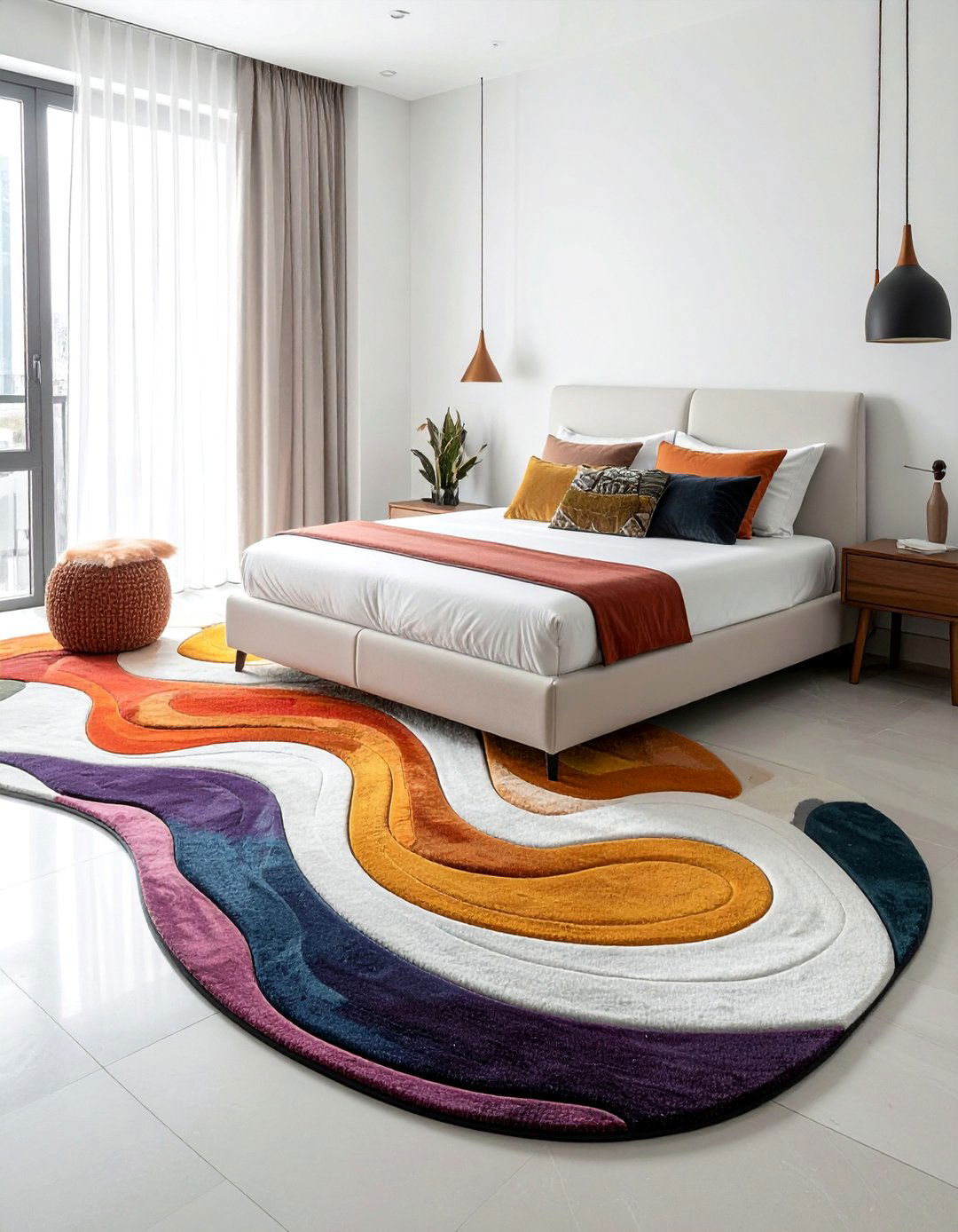 An Asymmetrical or Irregularly Shaped Bedroom Rug - 30 Bedroom Rug Ideas to Transform Your Space
