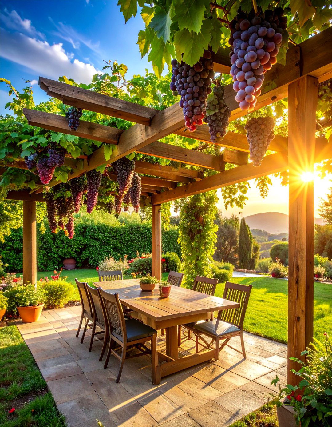 An Italian Backyard Featuring a Grapevine Covered Pergola - 20 Italian Backyard Ideas for a Mediterranean Oasis