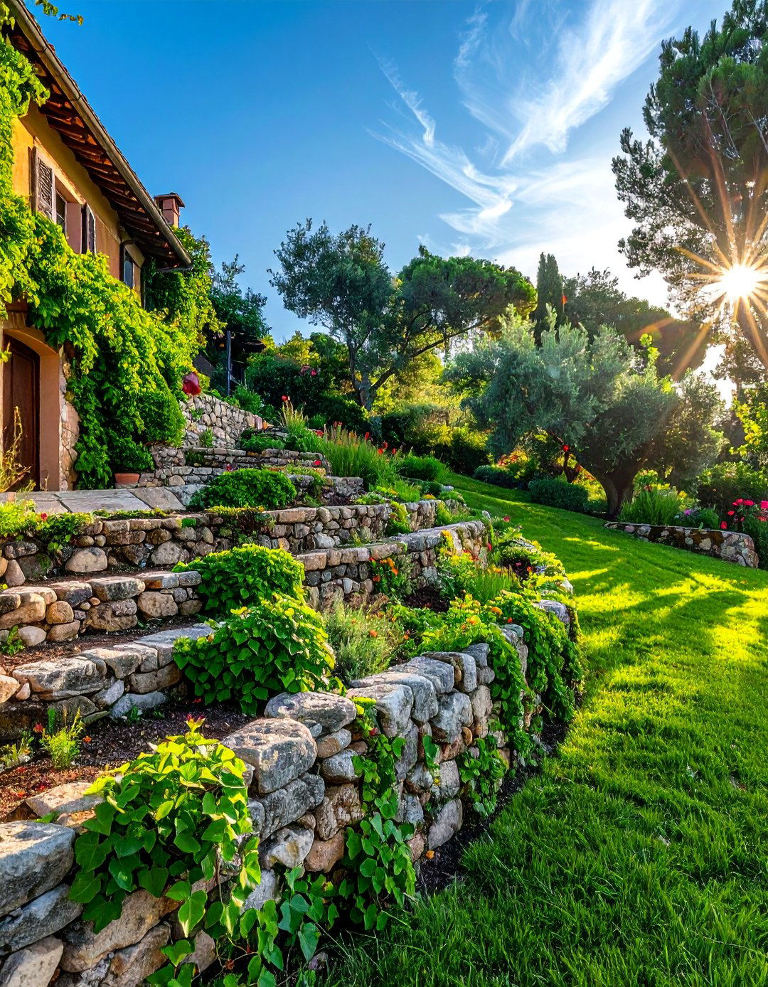 An Italian Backyard with Stone Retaining Walls
