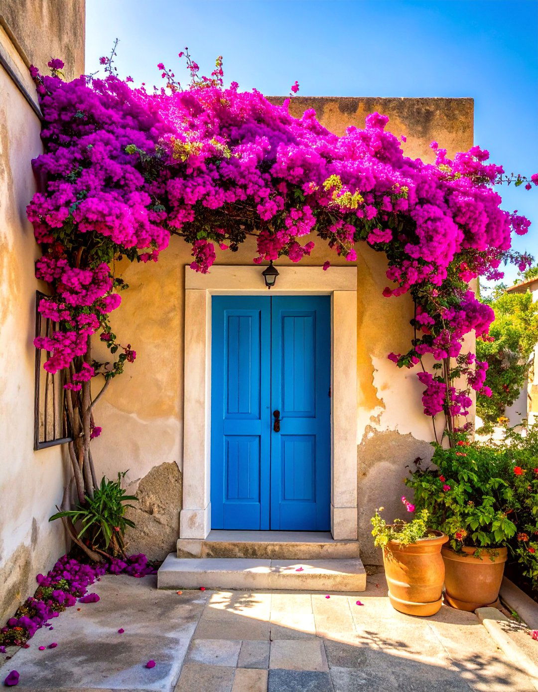 An Italian Backyard with Vibrant Bougainvillea - 20 Italian Backyard Ideas for a Mediterranean Oasis