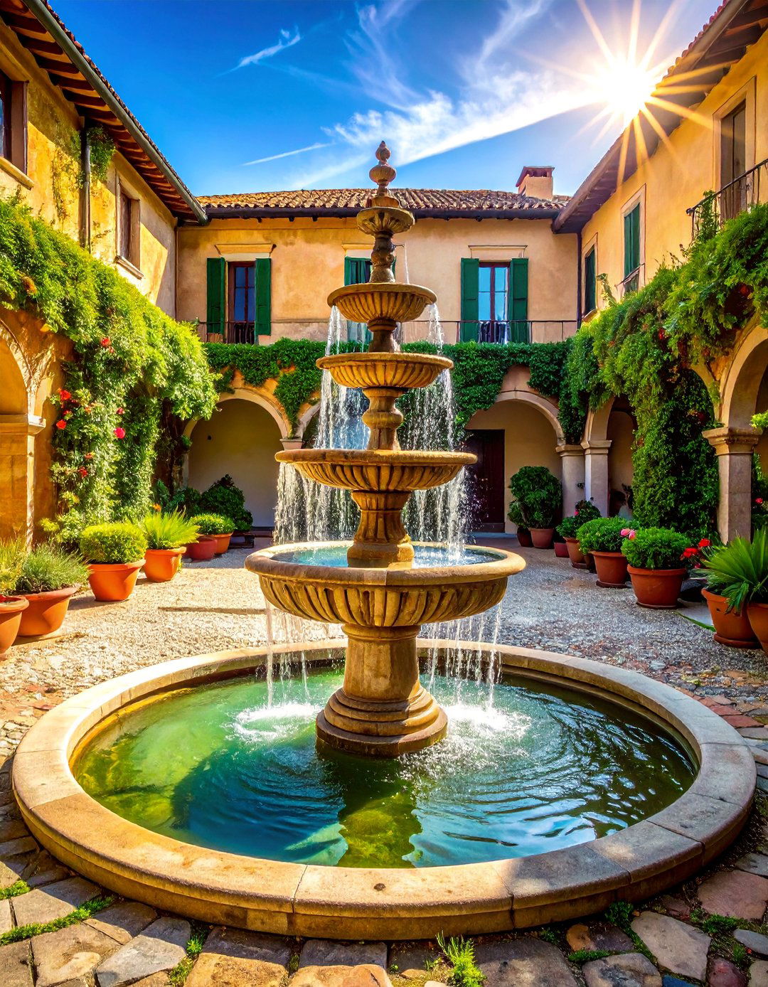 An Italian Backyard with a Central Water Fountain - 20 Italian Backyard Ideas for a Mediterranean Oasis
