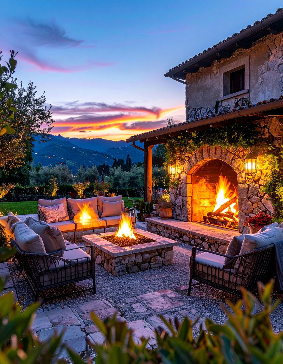 An Italian Backyard with an Outdoor Fireplace - 20 Italian Backyard Ideas for a Mediterranean Oasis
