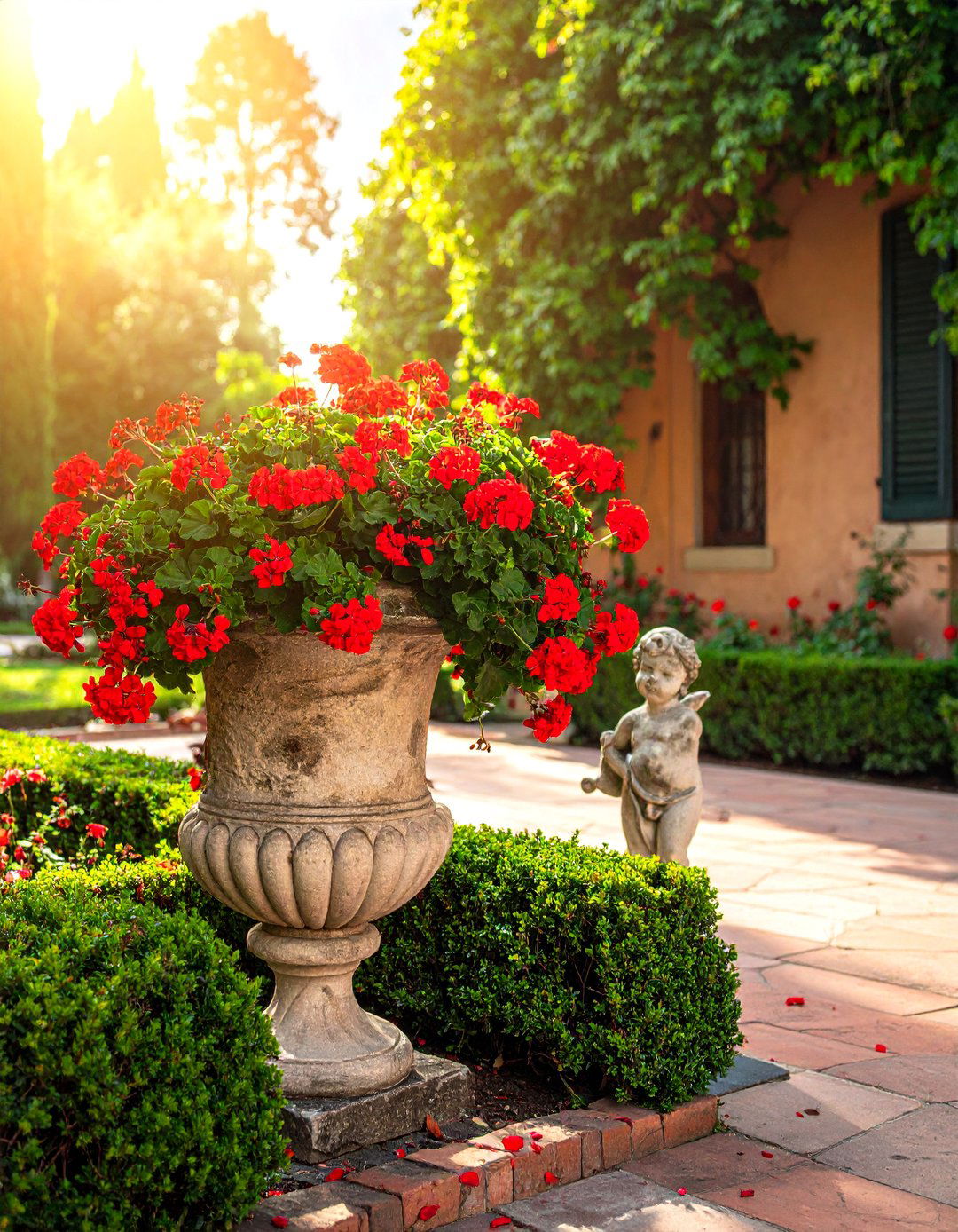 An Italian Patio Featuring Antique Style Urns and Statuary - 20 Italian Patio Ideas for a Mediterranean Outdoor Oasis