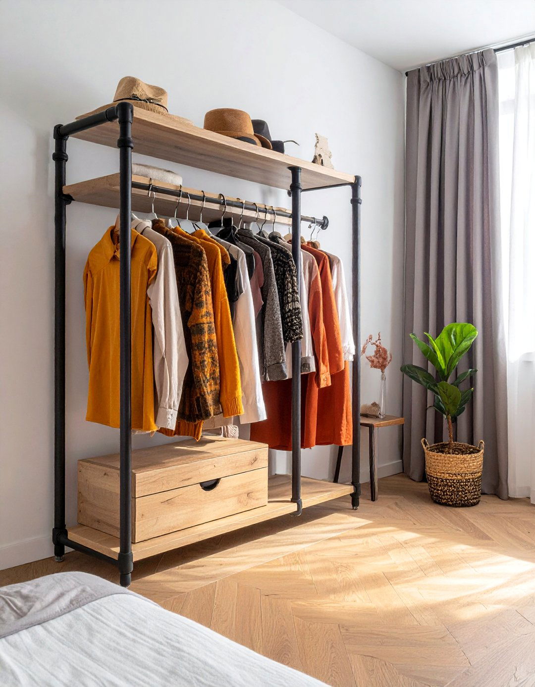 An Open Concept Bedroom Corner Wardrobe