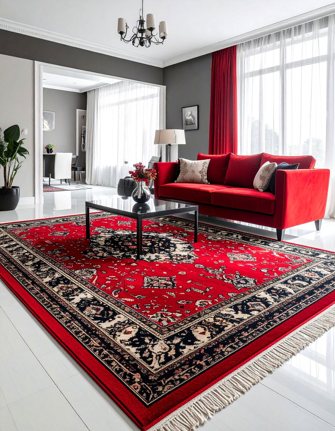 An Oriental Rug with Rich Red and Black Tones - 25 Black and Red Living Room Ideas for Bold Interiors