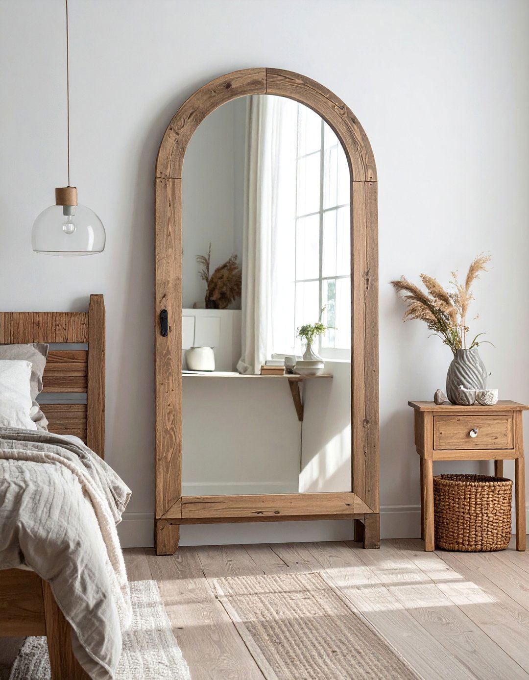 Arched Farmhouse Wood Mirrors - 30 Mirror Behind Nightstand Ideas for Stylish Bedrooms