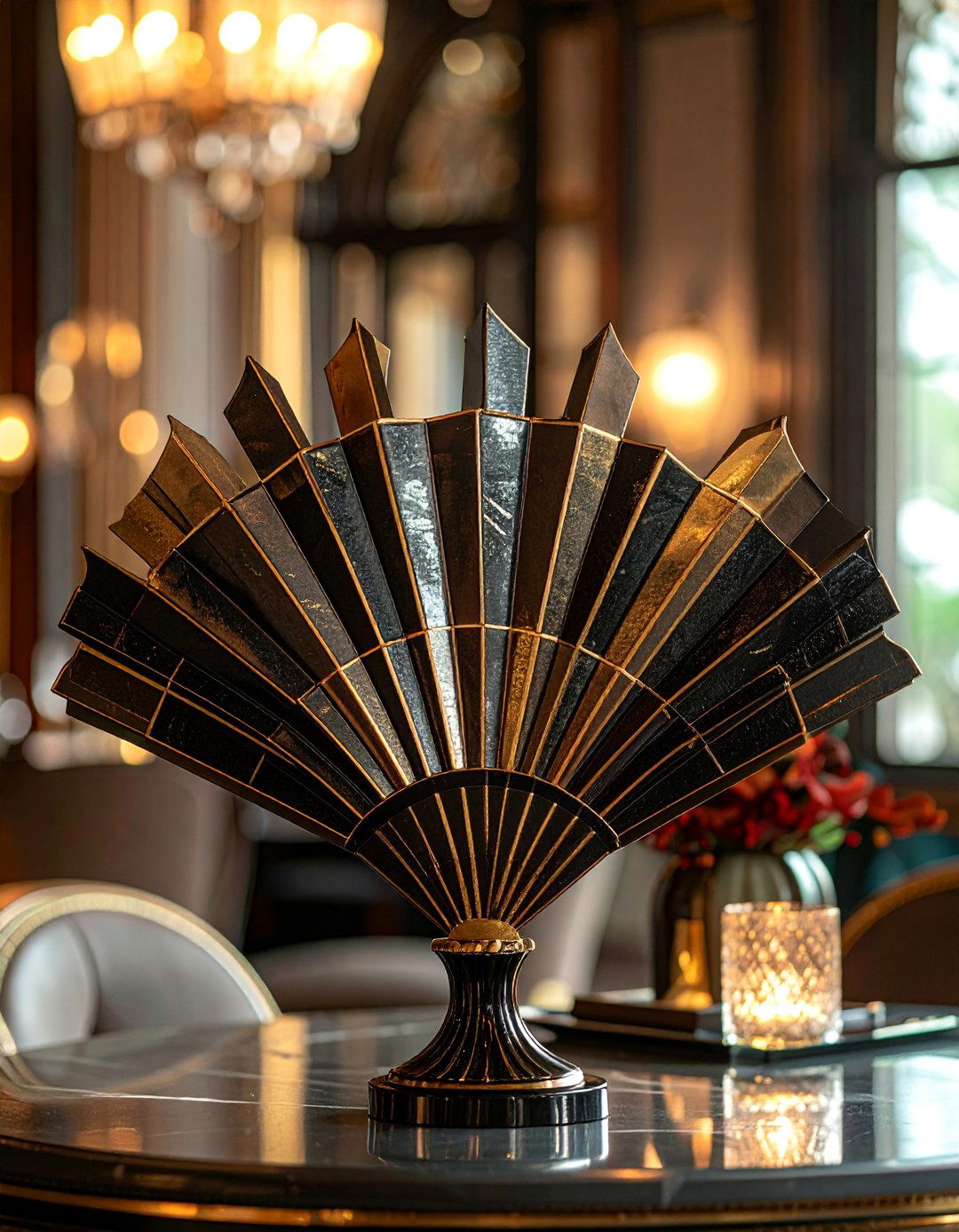 Art Deco Black and Gold Fan Centerpiece