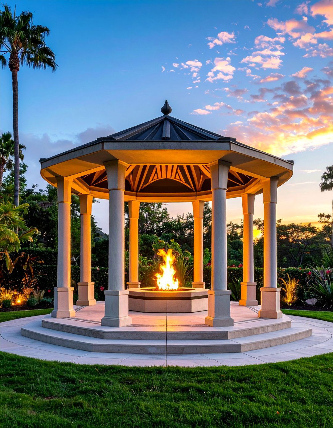 Art Deco Gazebo with Geometric Fire Feature - 25 Gazebo With Fireplace Ideas for Cozy Outdoor Living