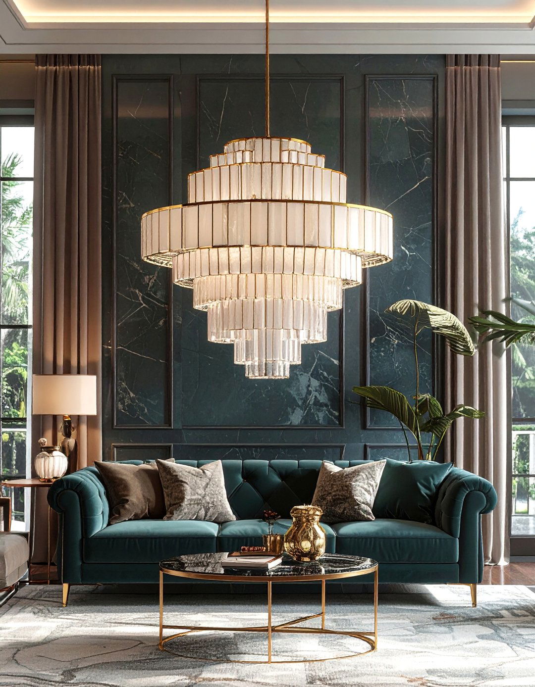 Art Deco Geometric Crystal Chandelier - 30 Living Room Chandelier Ideas for Elegant Spaces