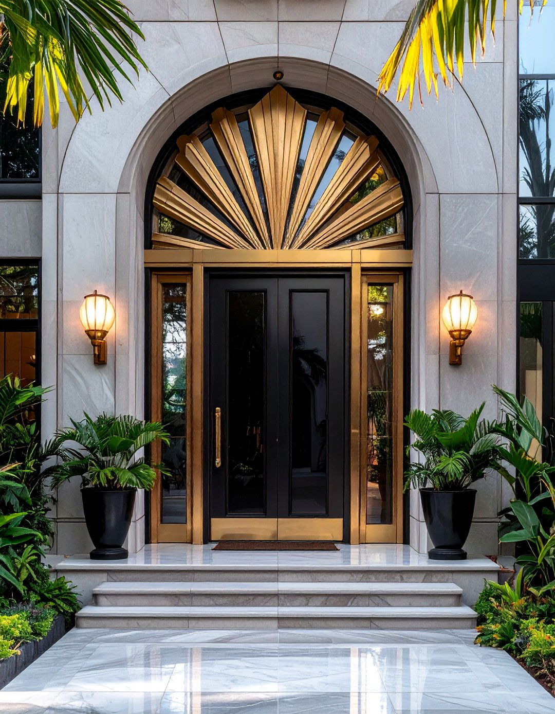 Art Deco House Exterior with Sunburst Motif Doorways - 15 Art Deco House Exterior Ideas for Timeless Elegance