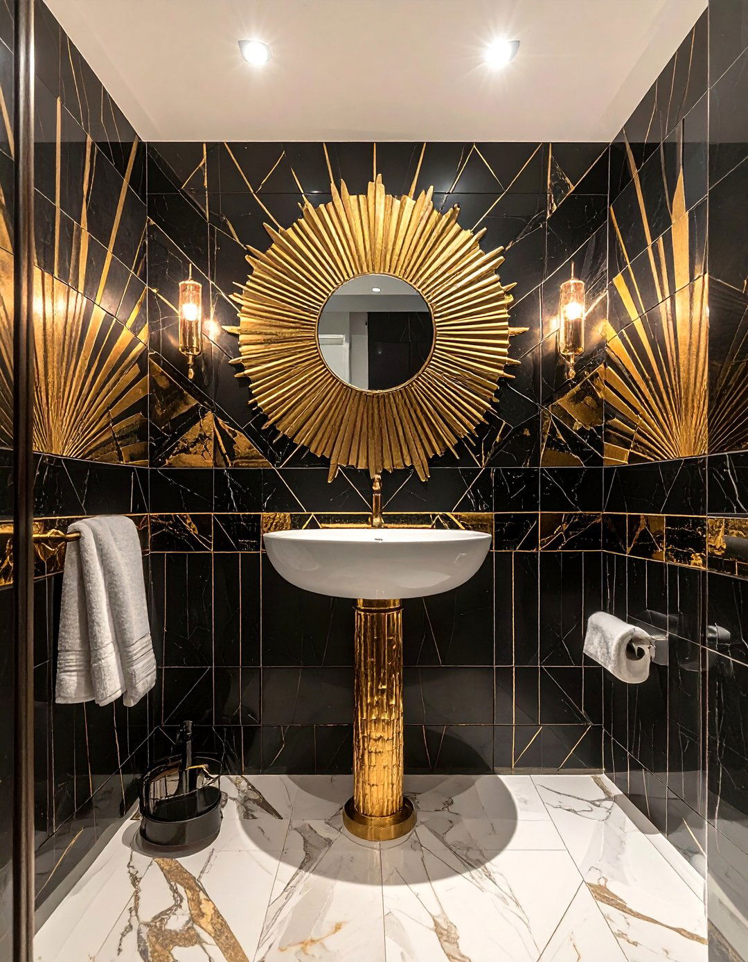 Art Deco Inspired Black and Gold Tiles - 20 Black and Gold Bathroom Ideas for a Luxurious Feel