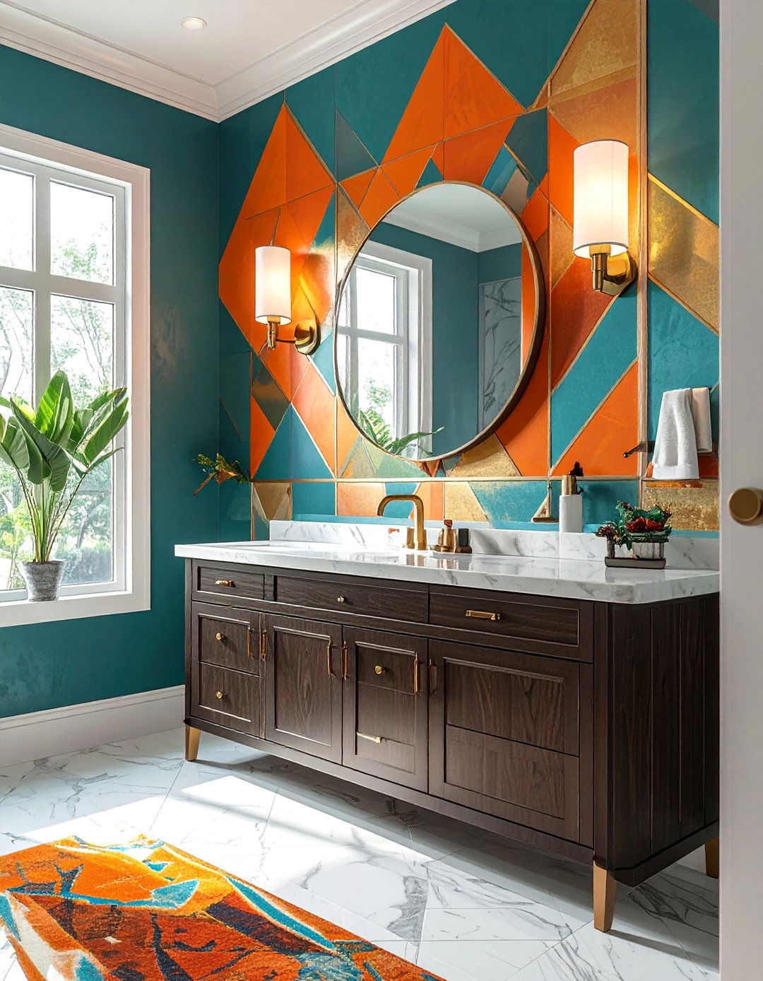 Art Deco Inspired Powder Room - 20 Teal and Orange Color Scheme Ideas for Your Rooms