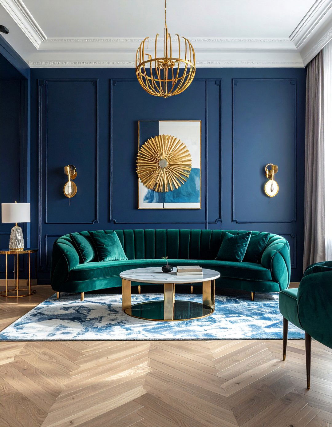 Art Deco Living Room with Navy and Emerald Green Velvet - 20 Blue and Green Living Room Ideas for a Fresh Look