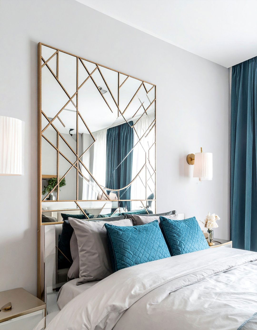 Art Deco Stepped Mirrors - 30 Mirror Behind Nightstand Ideas for Stylish Bedrooms