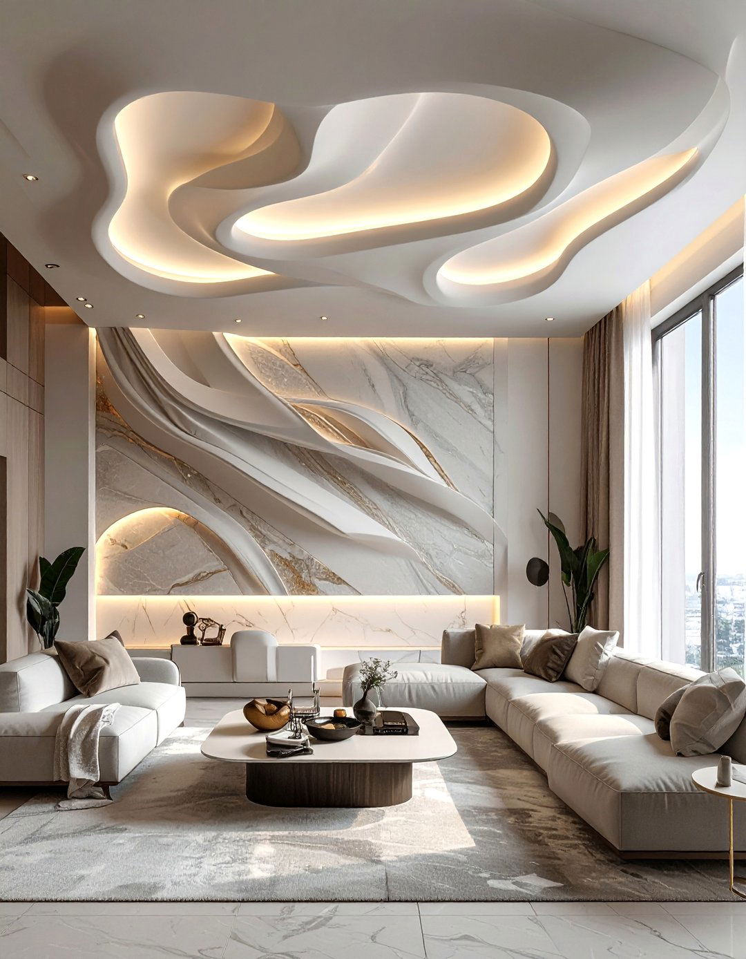 Artistic 3D Ceiling with Sculptural Elements - 20 Living Room False Ceiling Design Ideas for Elegance