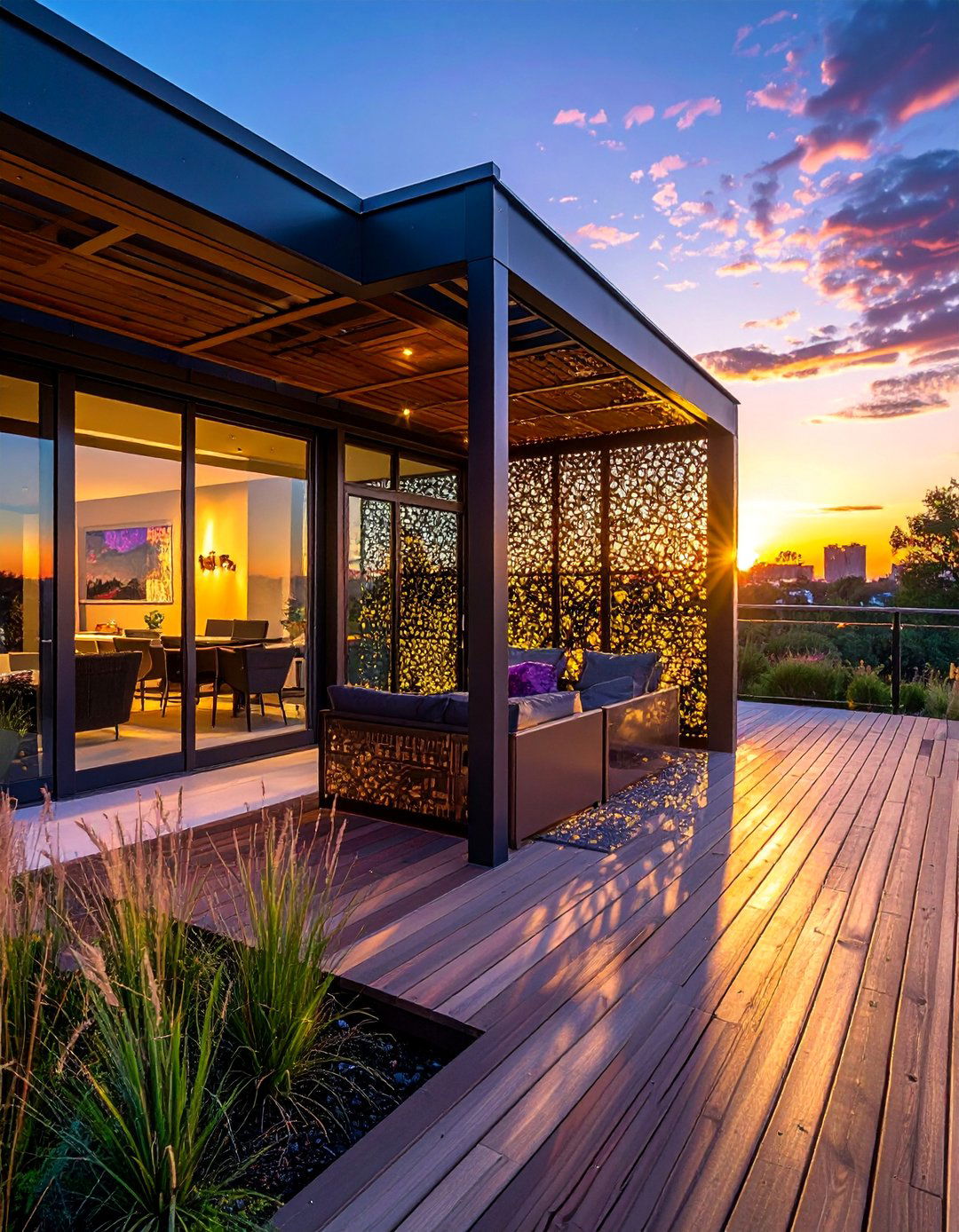 Artistic Metal Screening - 30 Partially Covered Deck Ideas for Year-Round Enjoyment