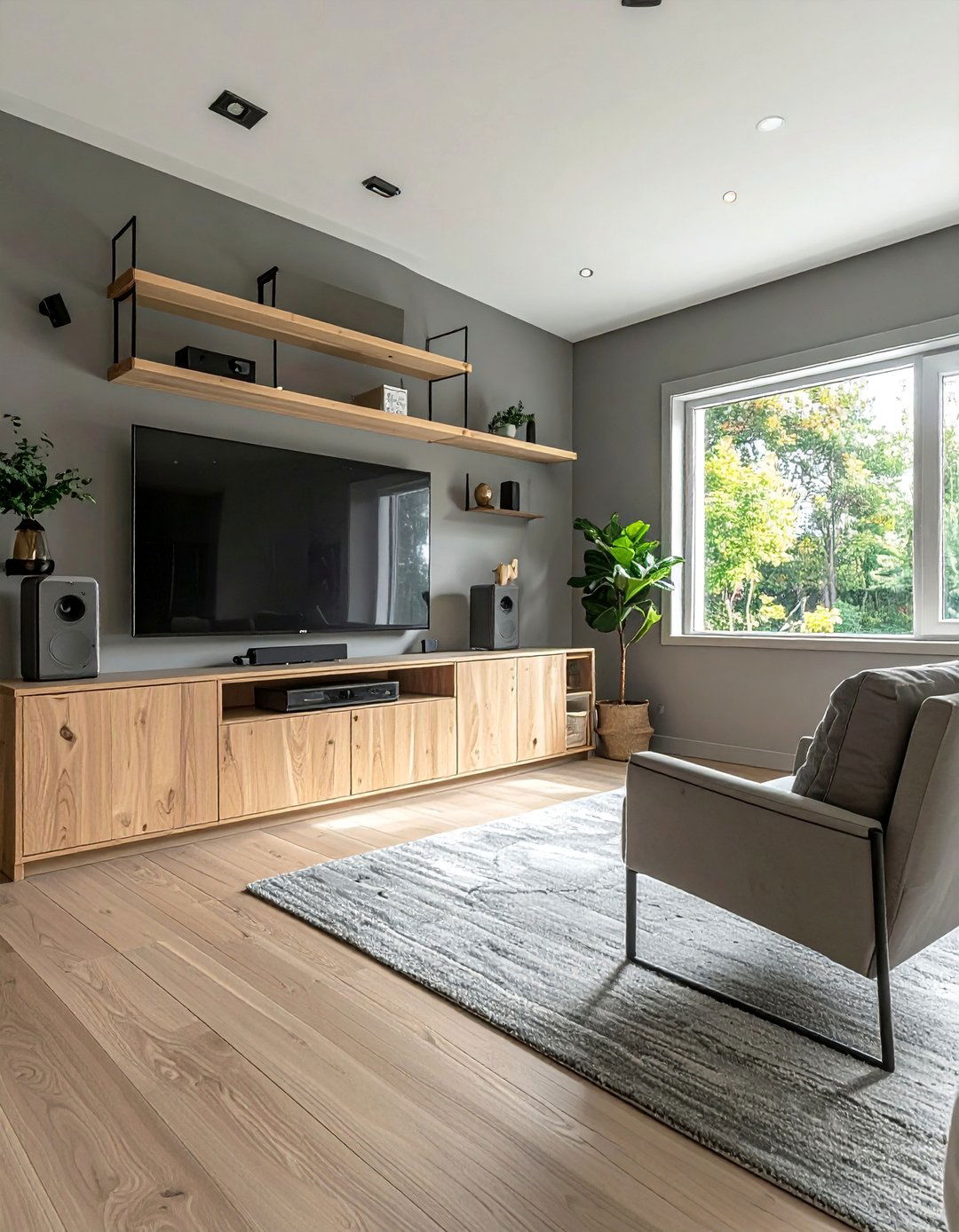 Ash Gray with Natural Wood Accents - 20 Gray Home Theater Paint Color Schemes