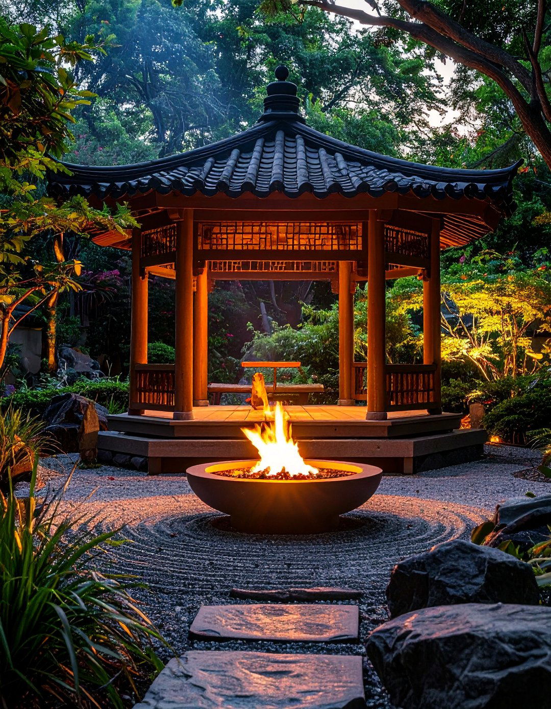 Asian Inspired Pagoda with Zen Fire Bowl - 25 Gazebo With Fireplace Ideas for Cozy Outdoor Living