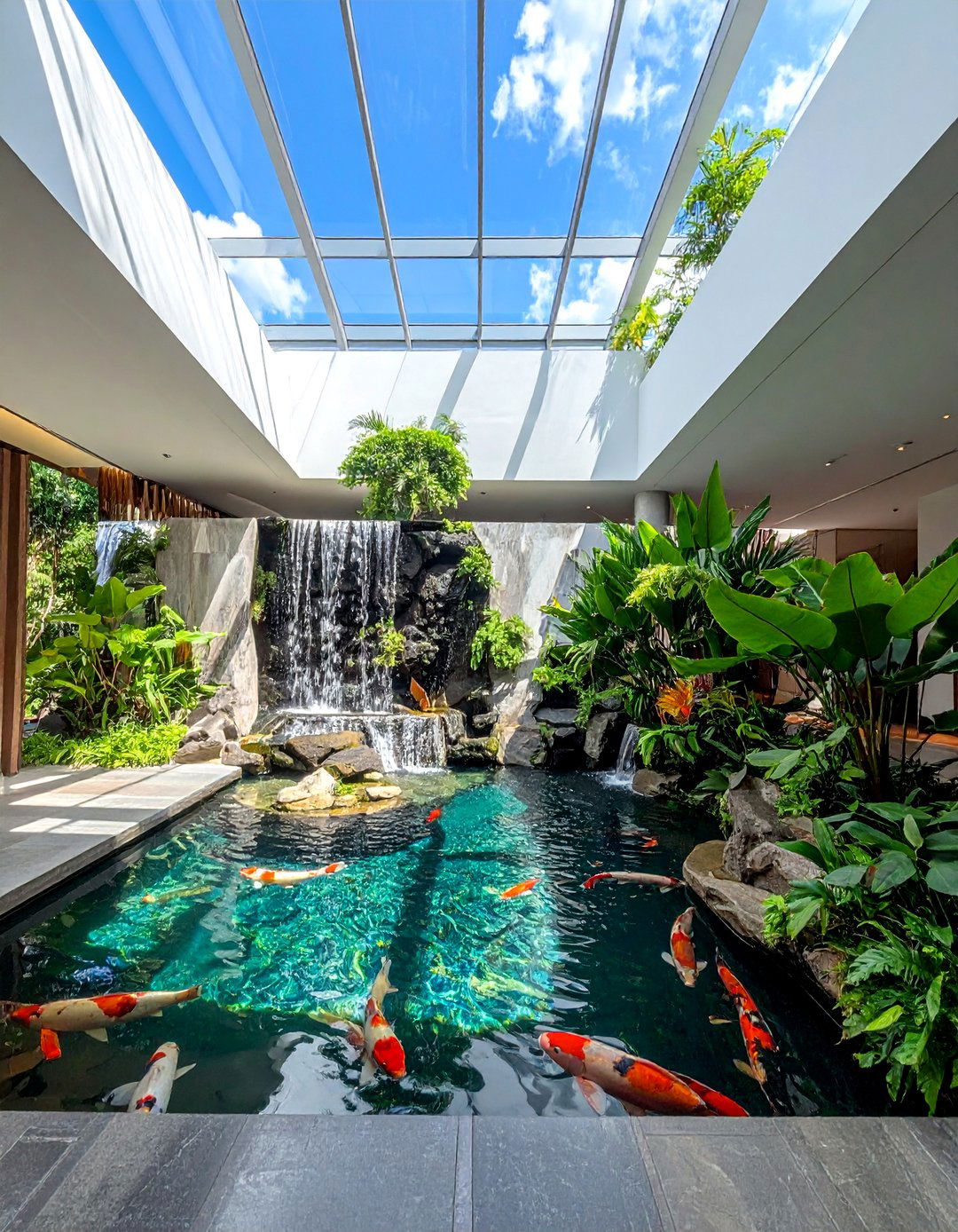 Atrium Centerpiece Koi Pond - 20 Indoor Koi Pond Ideas for a Tranquil Home Environment