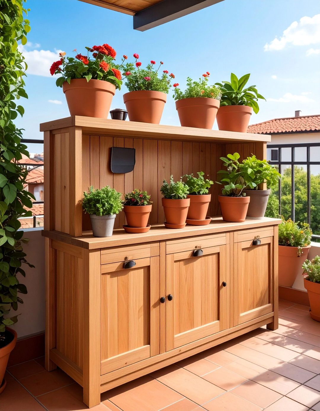 Balcony Garden Tool Storage with a Plant Shelf - 40 Creative Balcony Garden Ideas for Small Spaces