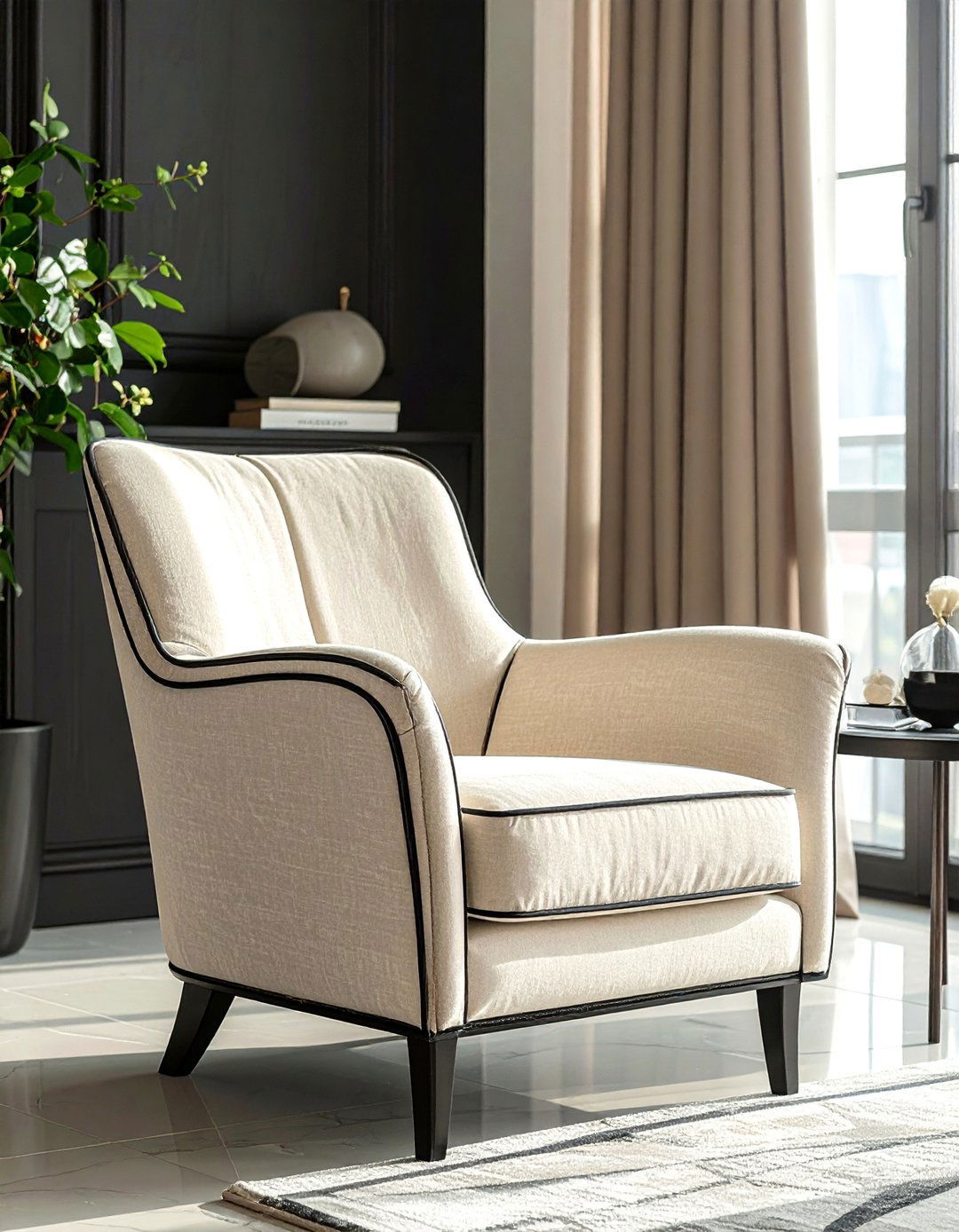 Beige Armchair with Black Piping Detail - 30 Black and Beige Living Room Ideas for a Neutral Palette