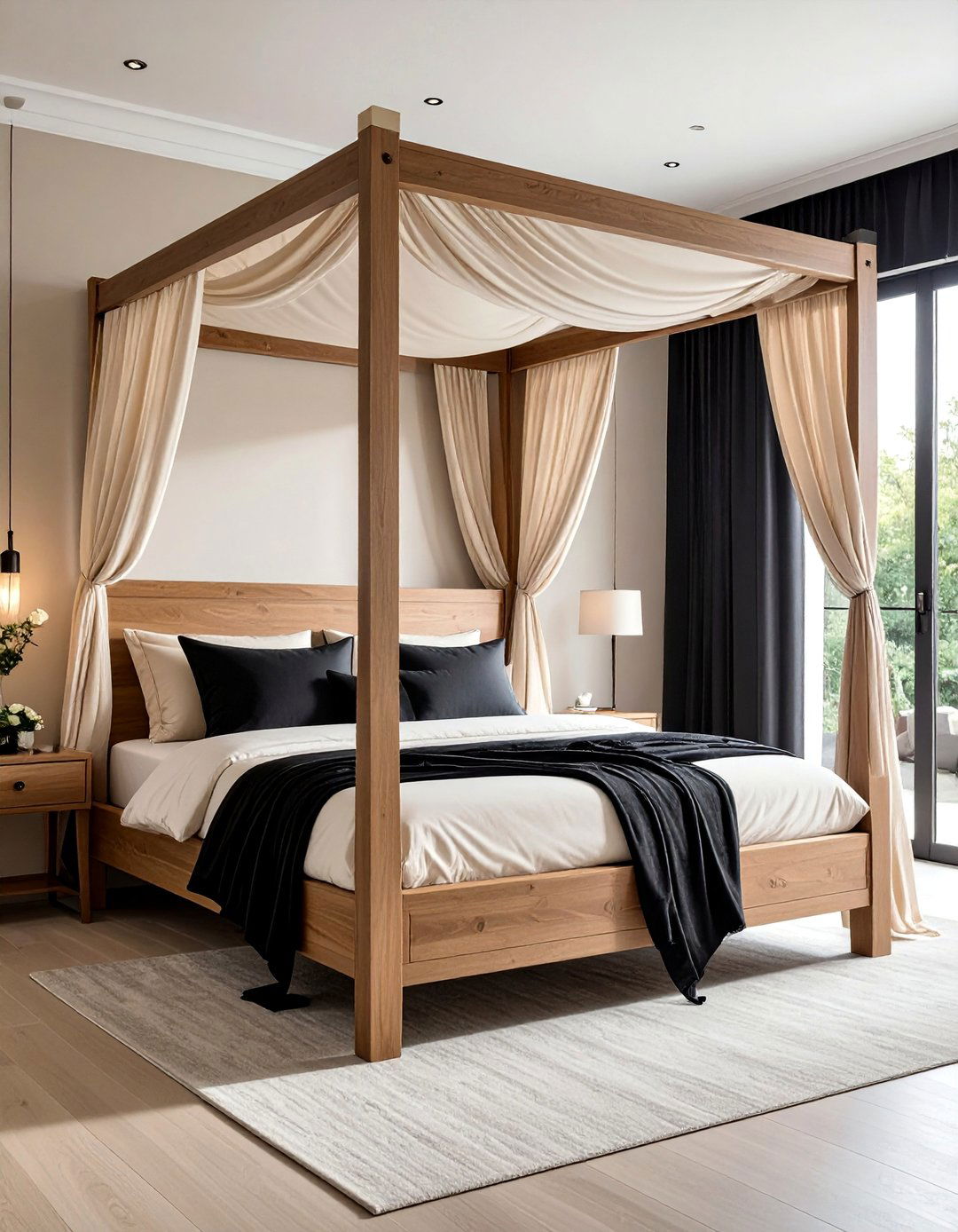Beige Canopy Bed with Black Drapery - 20 Black and Beige Bedroom Design Ideas for Serenity