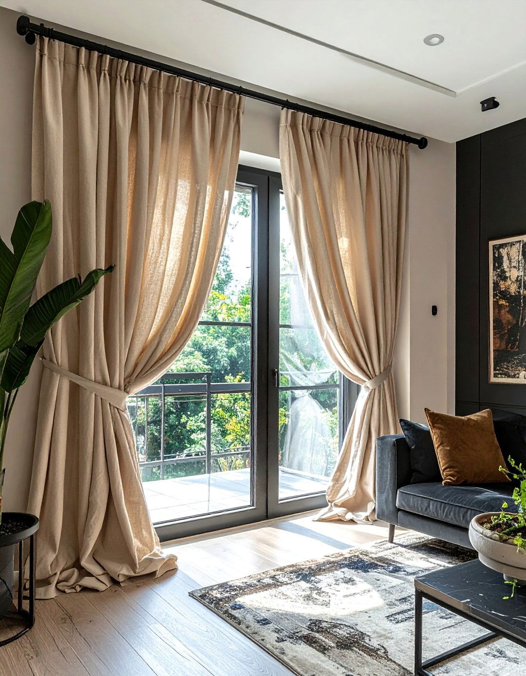 Beige Curtains with Black Curtain Rods - 30 Black and Beige Living Room Ideas for a Neutral Palette