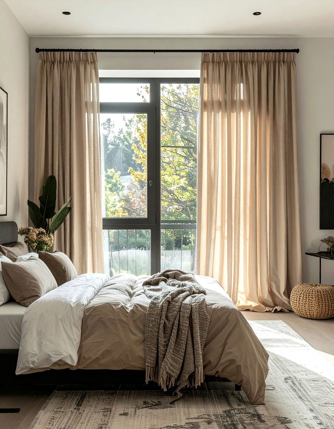 Beige Curtains with Black Curtain Rods - 20 Black and Beige Bedroom Design Ideas for Serenity