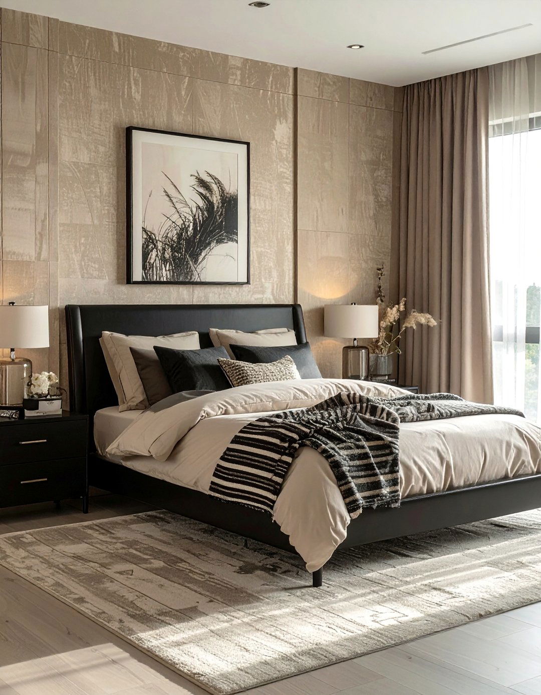 Beige Grasscloth Wallpaper with Black Furniture - 20 Black and Beige Bedroom Design Ideas for Serenity