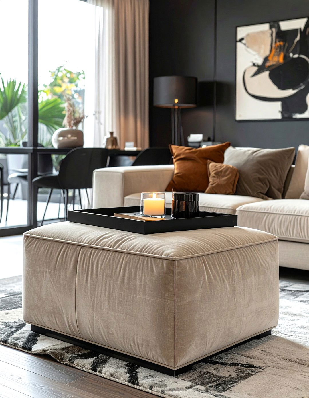 Beige Ottoman with a Black Serving Tray - 30 Black and Beige Living Room Ideas for a Neutral Palette