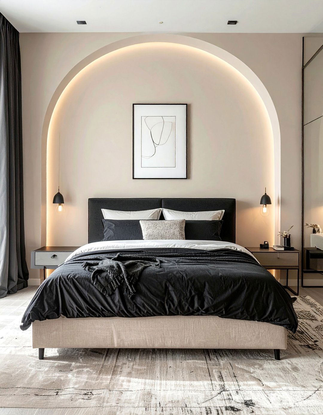 Beige Painted Arch Accent Behind the Bed - 20 Black and Beige Bedroom Design Ideas for Serenity