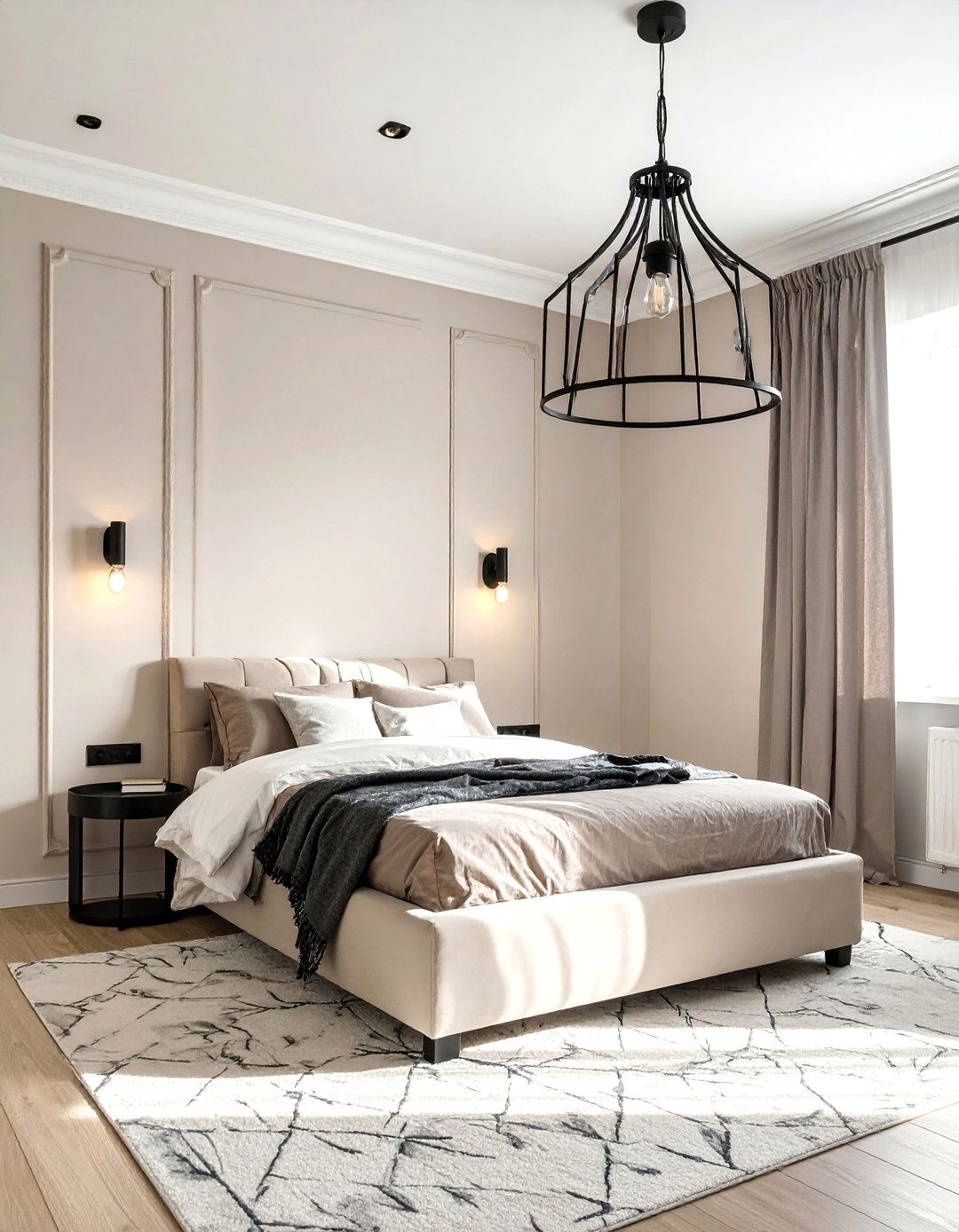 Beige Room with Black Industrial Style Lighting - 20 Black and Beige Bedroom Design Ideas for Serenity