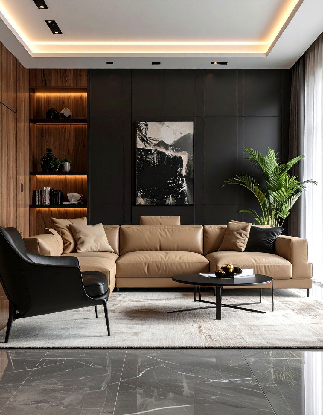 Beige Sectional with a Black Armchair - 30 Black and Beige Living Room Ideas for a Neutral Palette