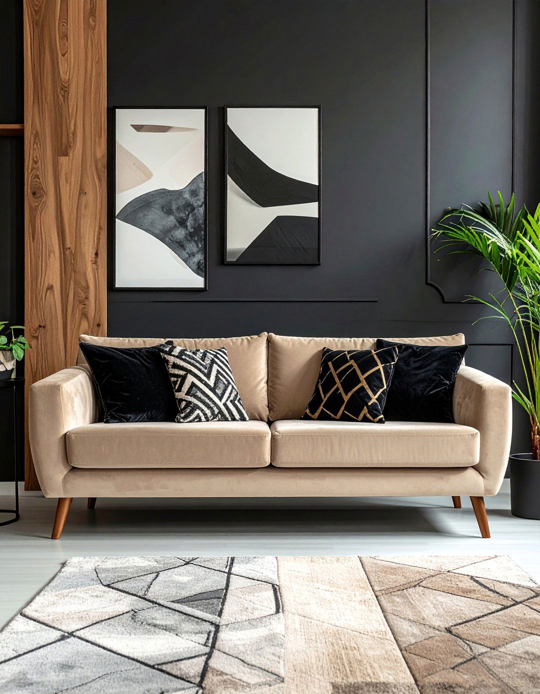 Beige Sofa with Black Throw Pillows - 30 Black and Beige Living Room Ideas for a Neutral Palette