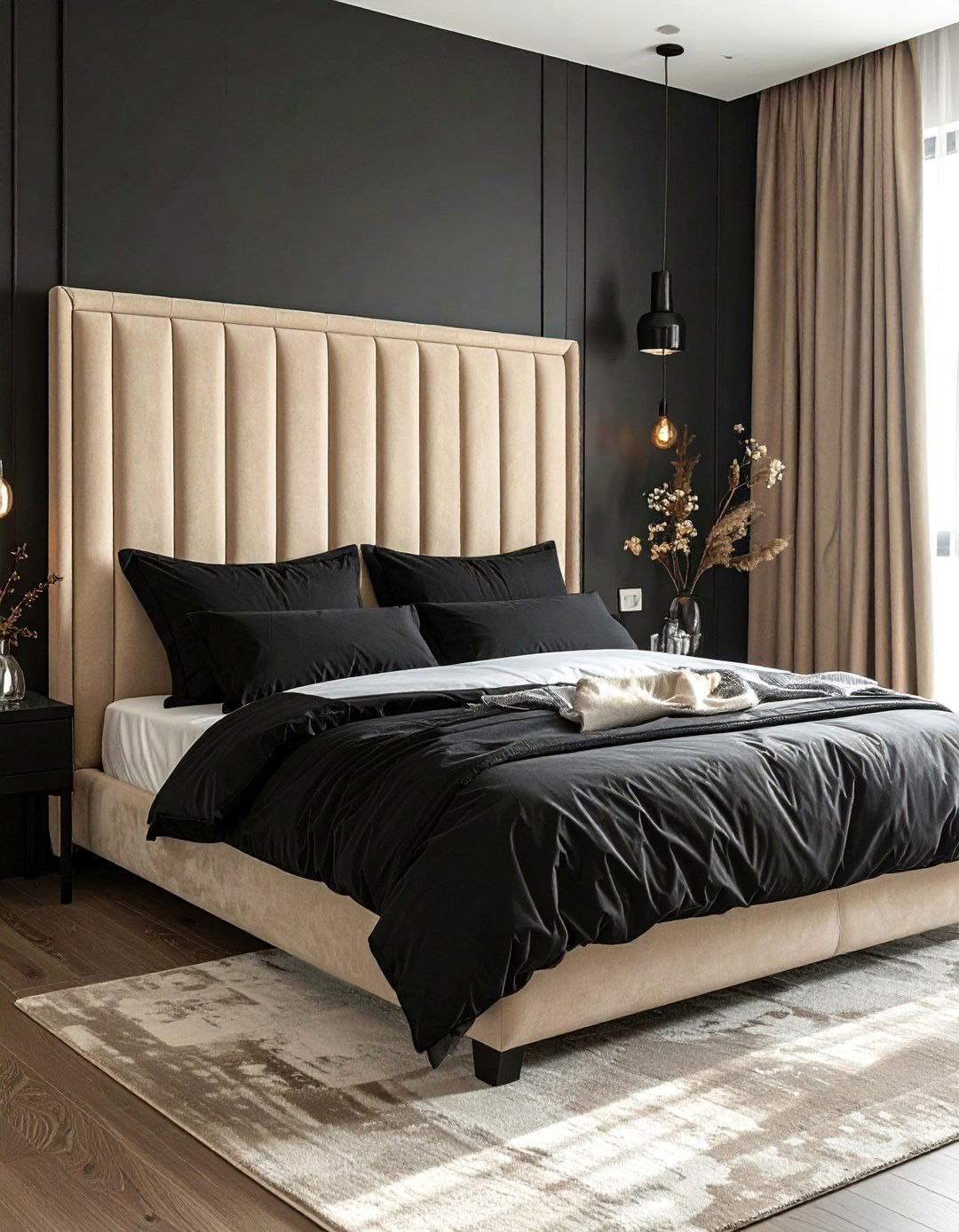 Beige Upholstered Bed with Black Bedding - 20 Black and Beige Bedroom Design Ideas for Serenity