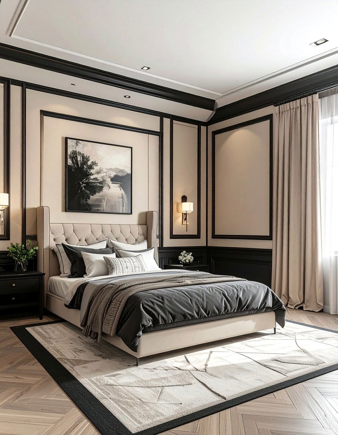 Beige Walls with Black Trim and Molding - 20 Black and Beige Bedroom Design Ideas for Serenity