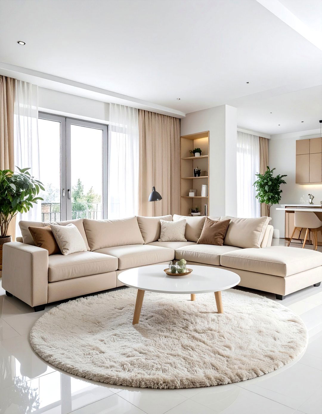 Beige and White Living Room Anchored by a Large Sectional Sofa - 20 Beige and White Living Room Ideas for a Serene Space
