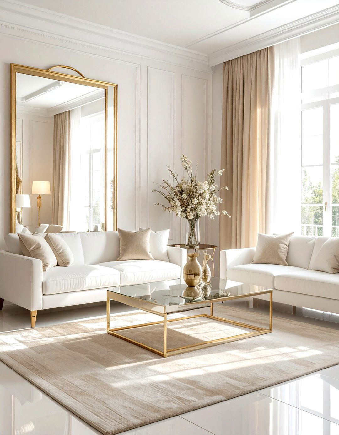 Beige and White Living Room Enhanced by Gold Finishes - 20 Beige and White Living Room Ideas for a Serene Space