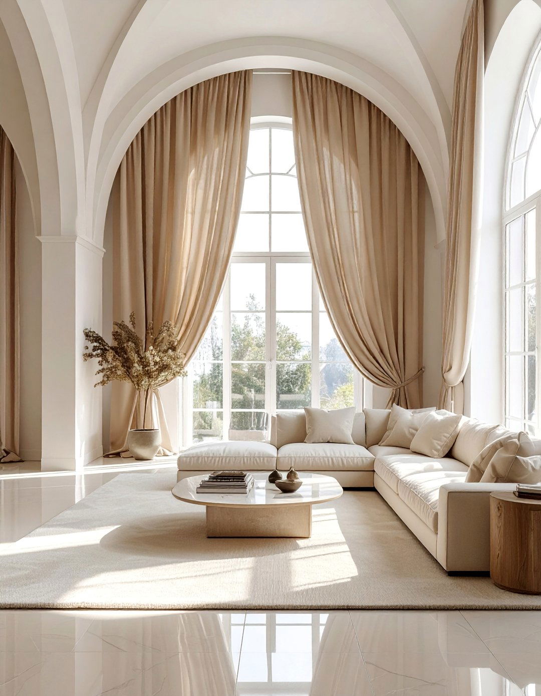 Beige and White Living Room Featuring Arched Doorways and Windows - 20 Beige and White Living Room Ideas for a Serene Space