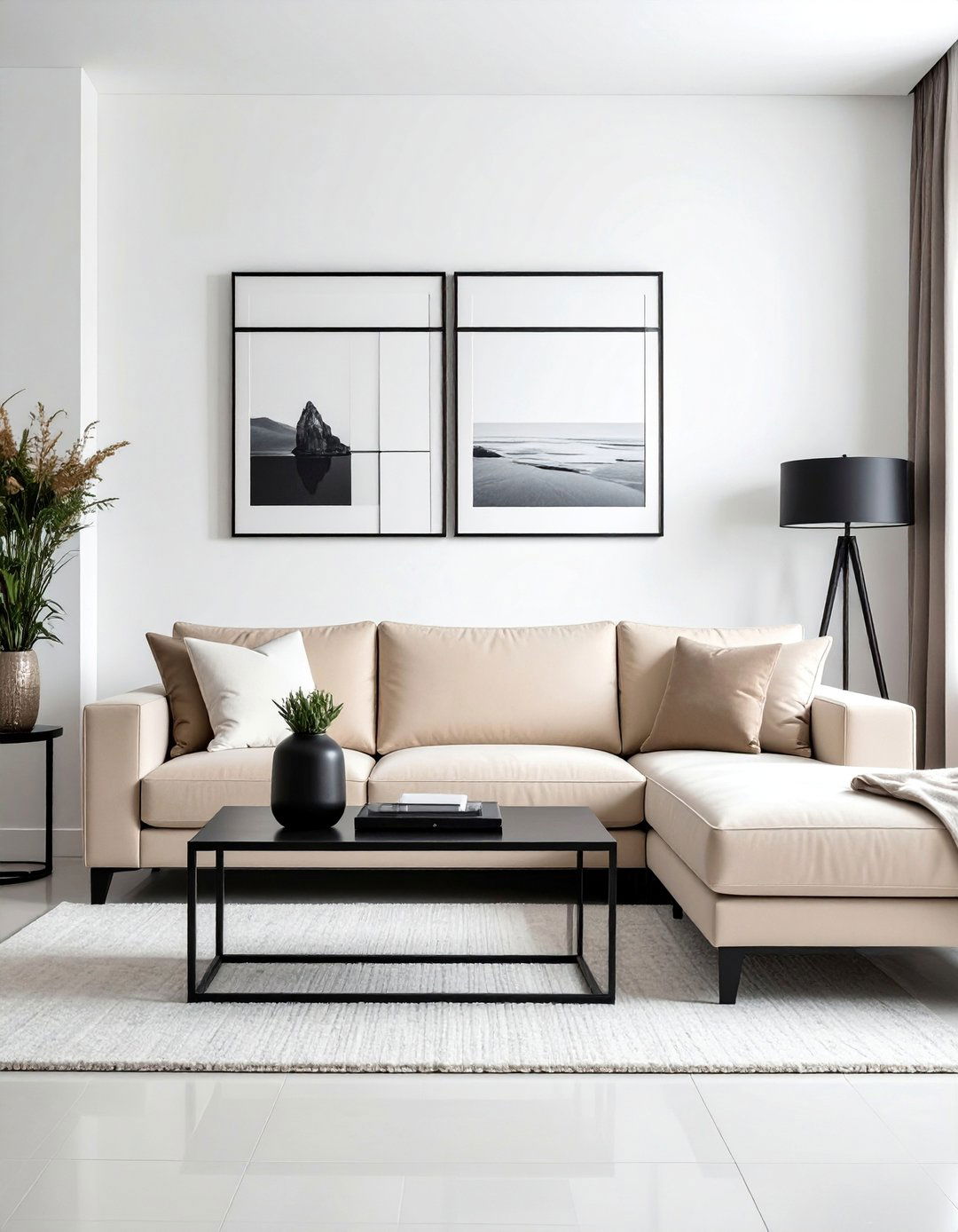 Beige and White Living Room Featuring Black Accents - 20 Beige and White Living Room Ideas for a Serene Space