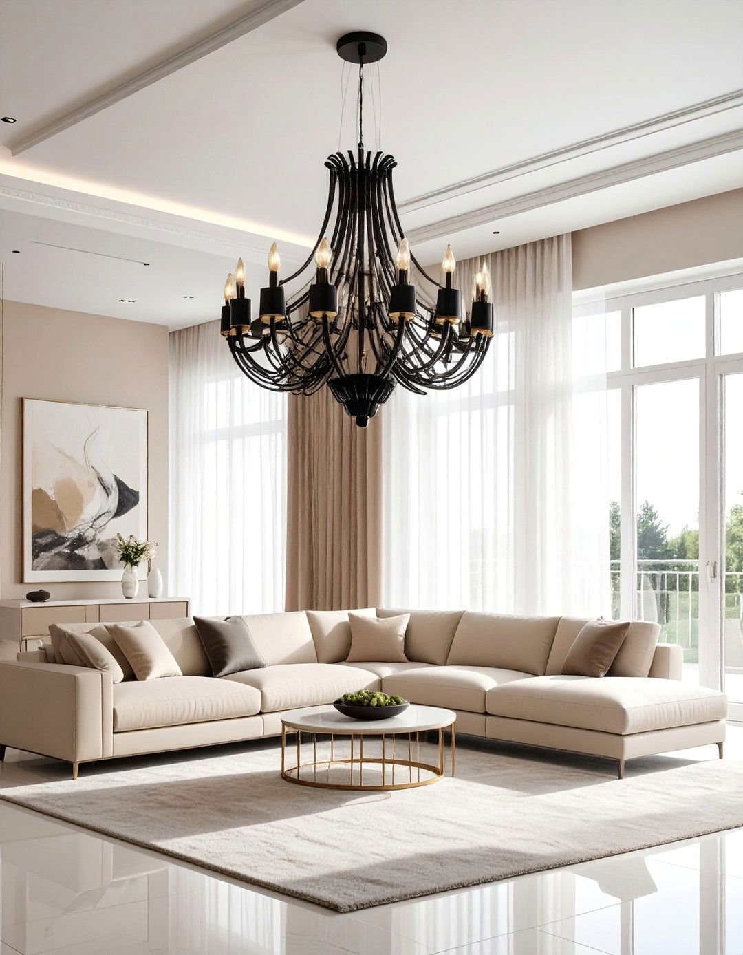 Beige and White Living Room Featuring a Statement Light Fixture - 20 Beige and White Living Room Ideas for a Serene Space