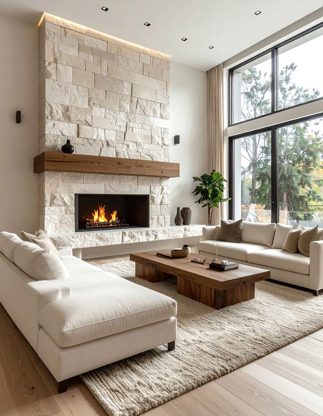 Beige and White Living Room Featuring a Stone Fireplace - 20 Beige and White Living Room Ideas for a Serene Space