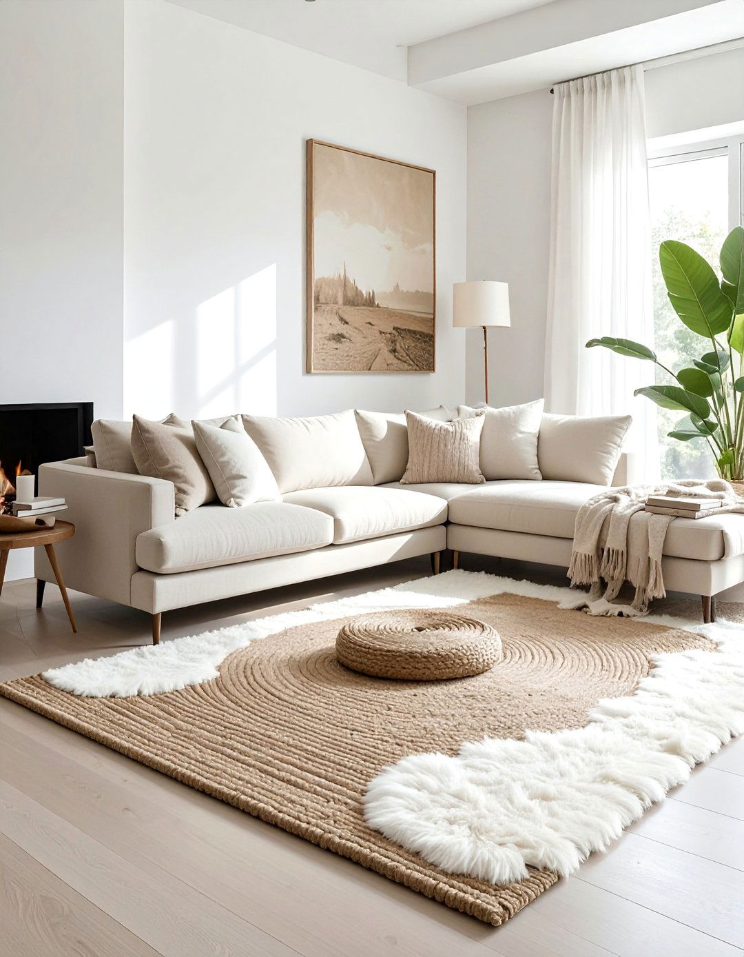 Beige and White Living Room Layered with Neutral Rugs - 20 Beige and White Living Room Ideas for a Serene Space