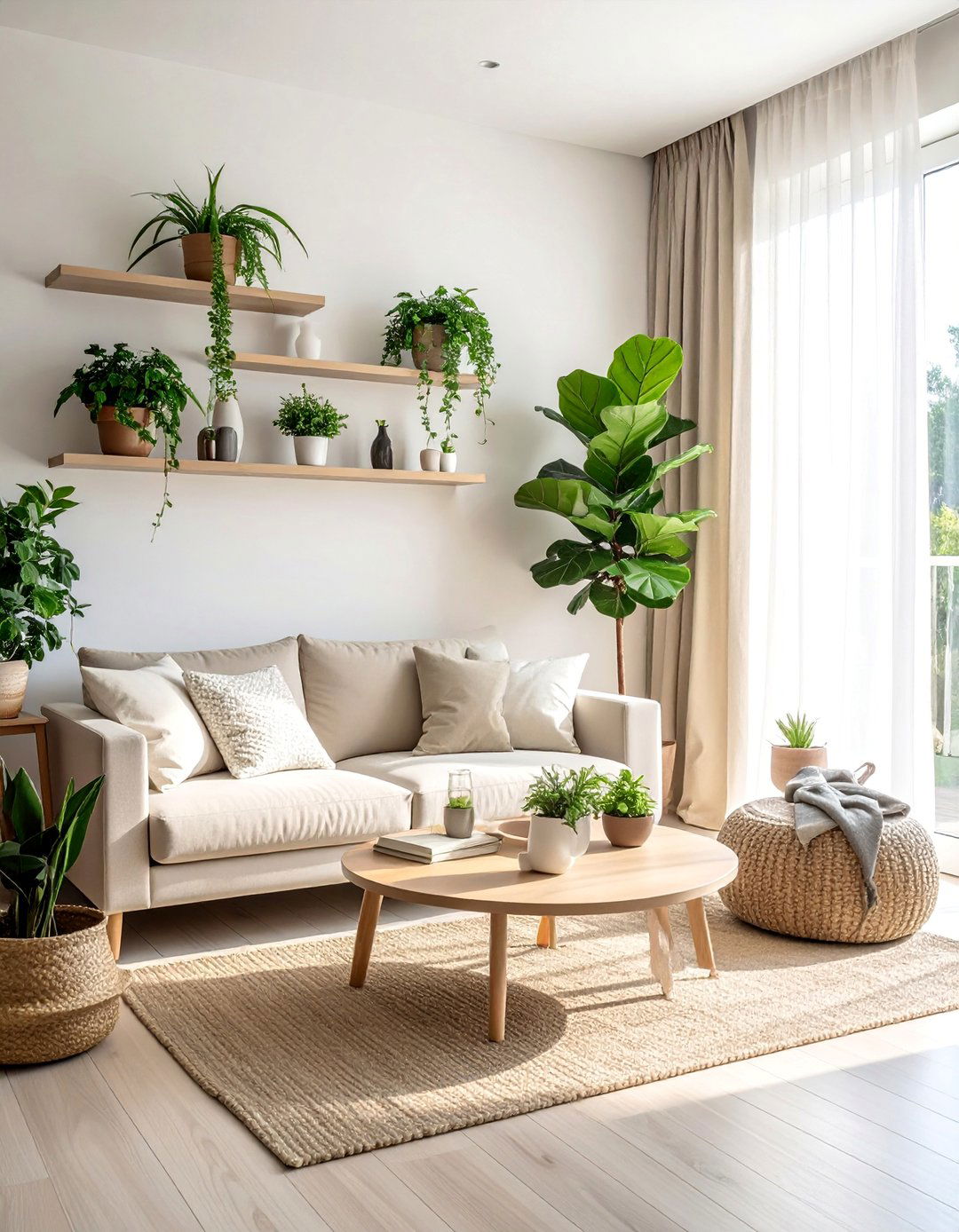 Beige and White Living Room with Abundant Greenery - 20 Beige and White Living Room Ideas for a Serene Space