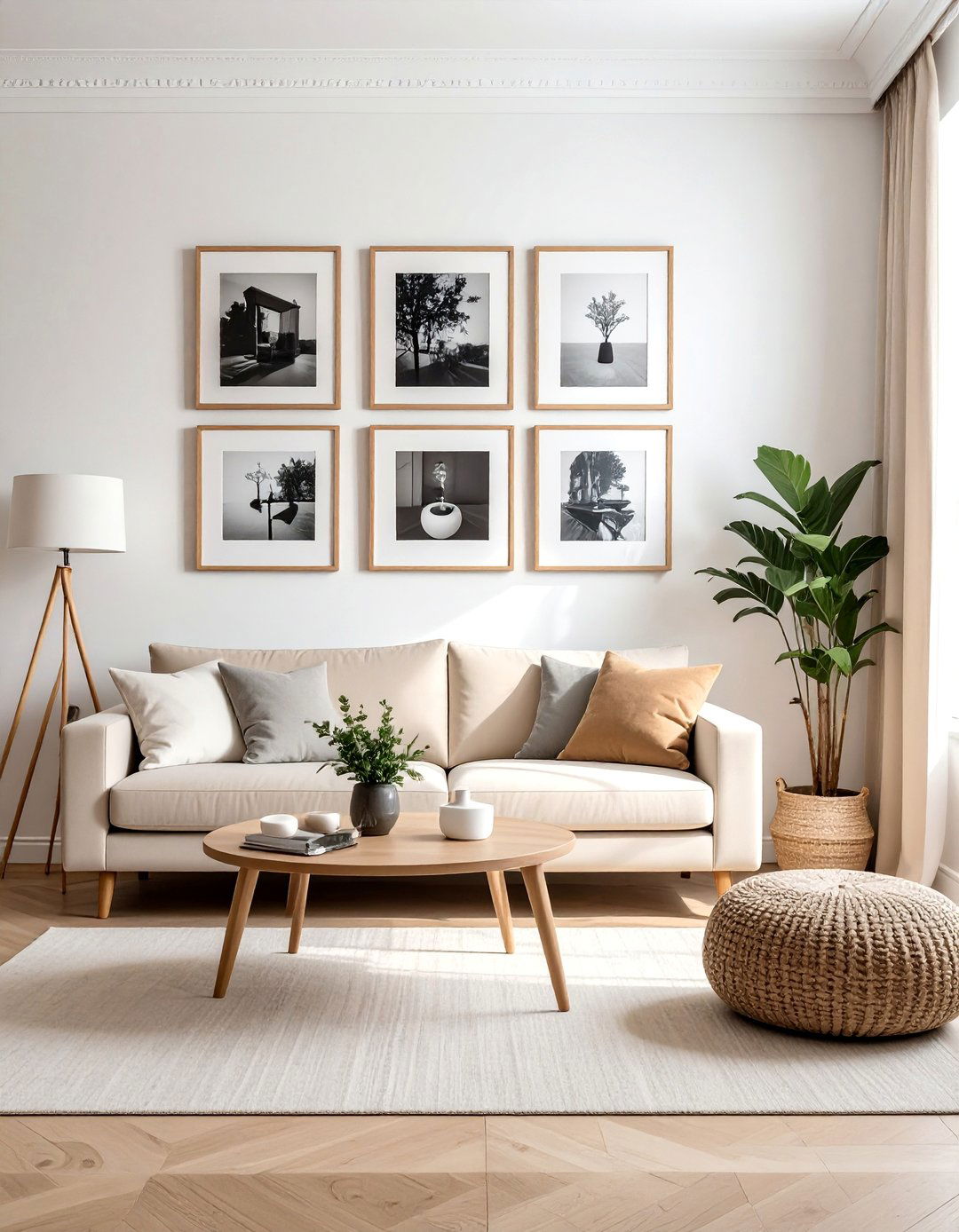 Beige and White Living Room with Gallery Wall Art - 20 Beige and White Living Room Ideas for a Serene Space