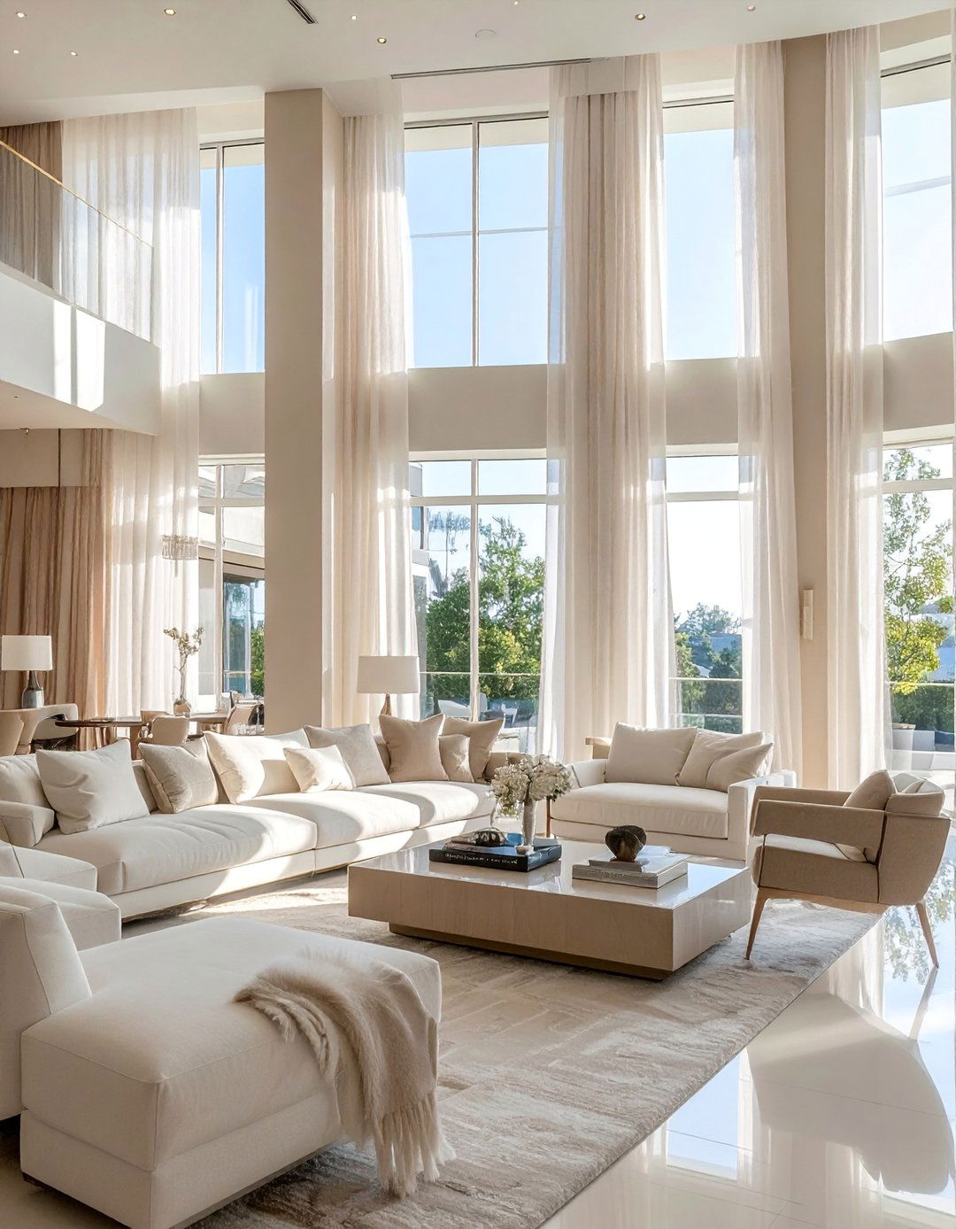 Beige and White Living Room with High Ceilings and Tall Curtains - 20 Beige and White Living Room Ideas for a Serene Space