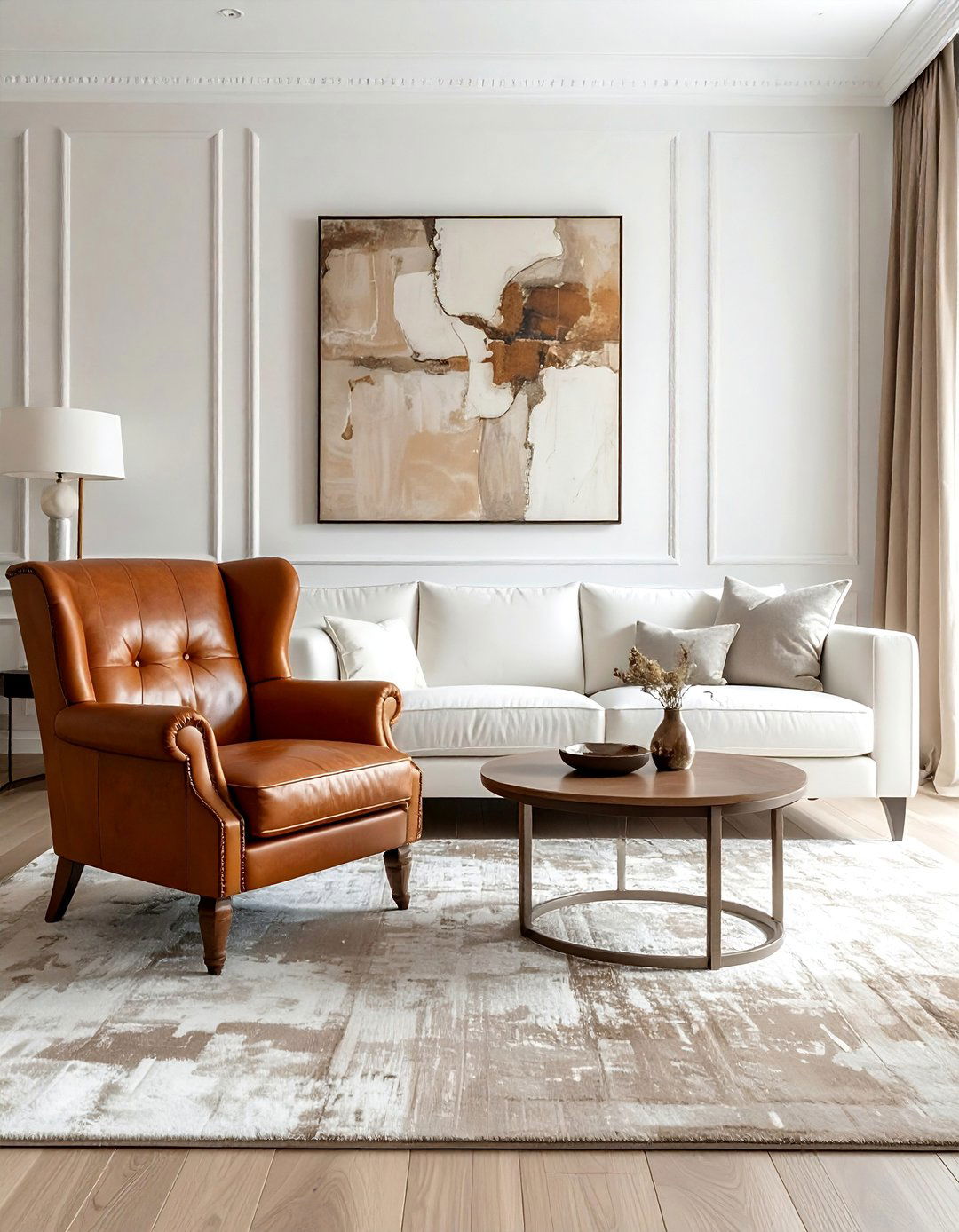 Beige and White Living Room with Leather Furniture - 20 Beige and White Living Room Ideas for a Serene Space